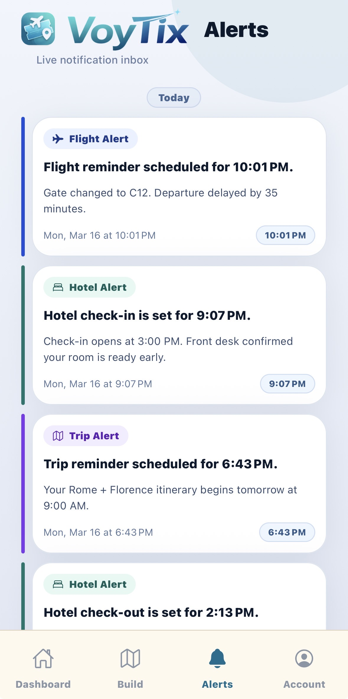 VoyTix alerts feed for flights and hotels