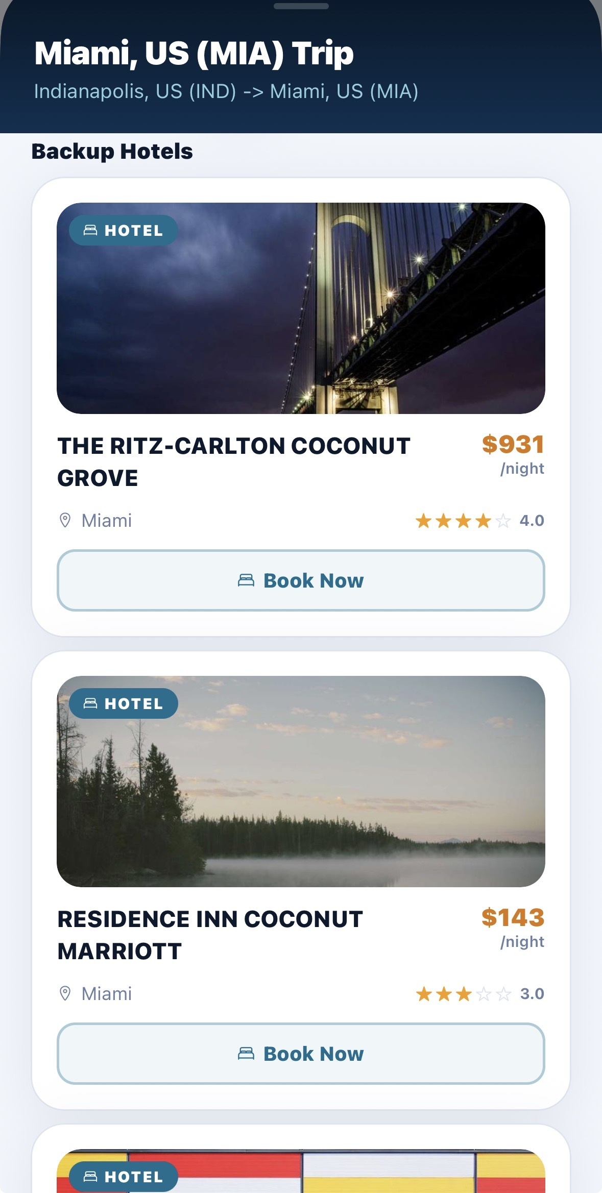 VoyTix backup hotel recommendations screen