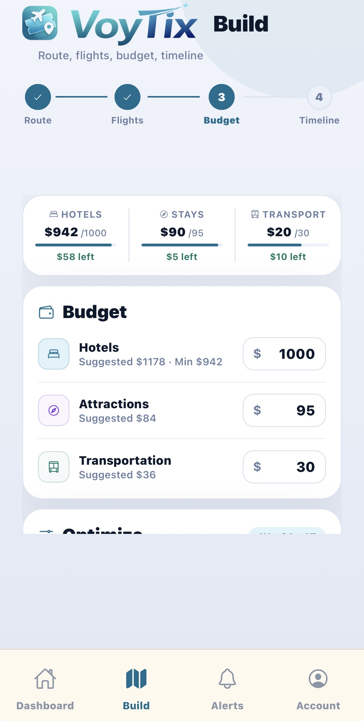 VoyTix budget builder screen with category controls
