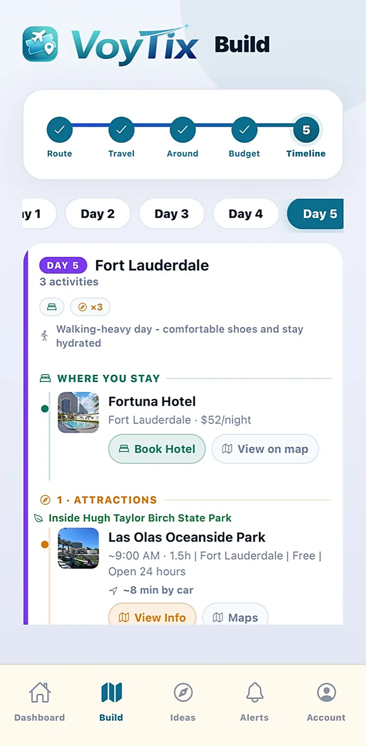 Day 5 of a VoyTix itinerary in Fort Lauderdale with the hotel, an attraction, its hours and the drive time.