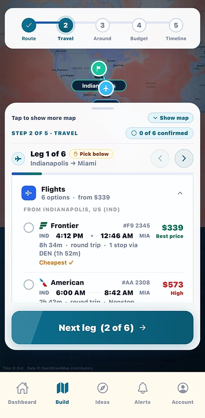 Flight options in VoyTix with prices for the cheapest and the nonstop flight on the same route.