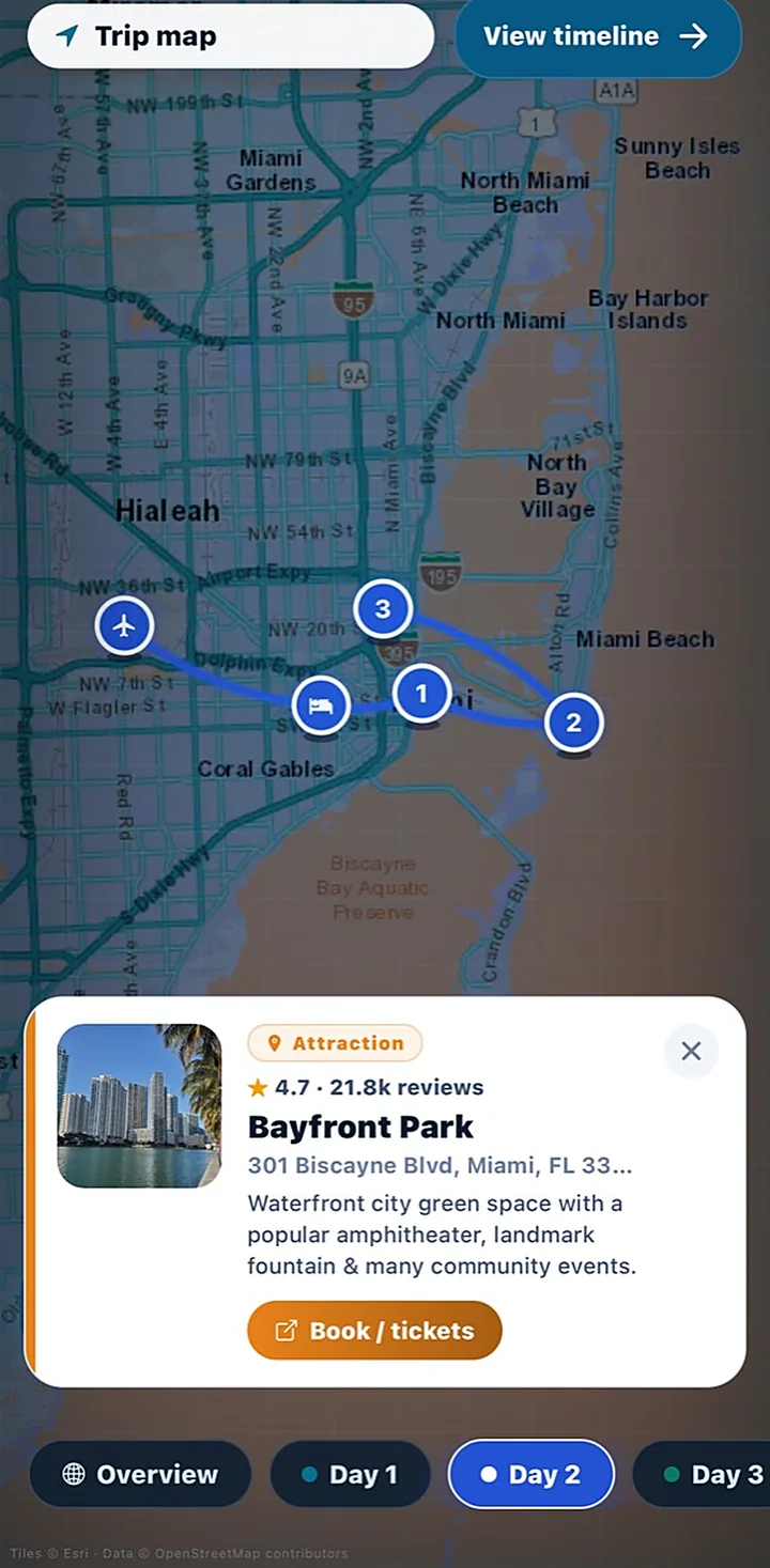 VoyTix trip map with pins for the stops and activities of a Florida trip.
